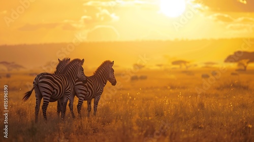 Group of zebras in the African savanna at sunset Serengeti National Park Tanzania Africa   Generative AI