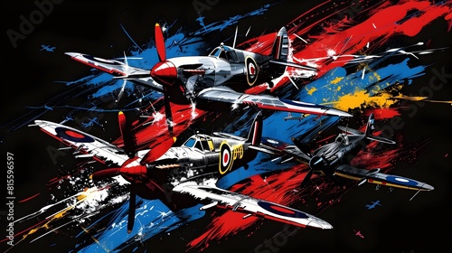 Stylized of British RAF Spitfire Planes in Aerial Combat During the Blitz