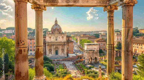 The ancient ruins of the Roman Forum, a symbol of the power and glory of the Roman Empire, stand today as a reminder of the city's rich history and culture. photo