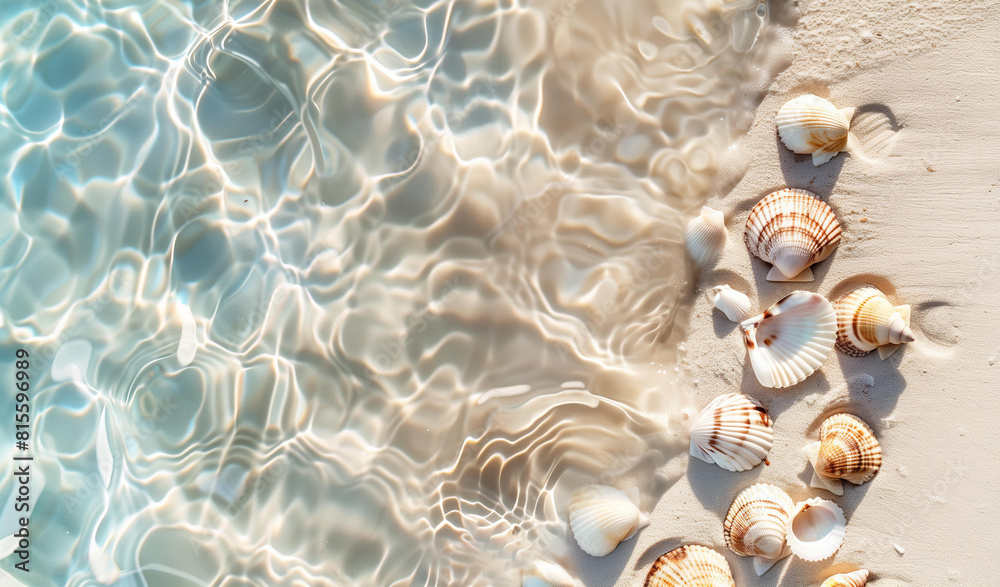 Top view of a beautiful beach with seashells and water, providing a summer background with free copy space for text or design. Sun and shadow play. Top view of a beautiful beach with seashells and water, providing a summer background with free copy space for text or design. Sun and shadow play.