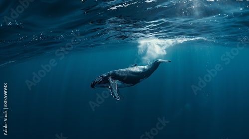 A Baby Humpback Whale Plays Near the Surface in Blue Water : Generative AI © The Little Hut