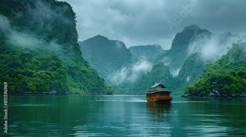 The boat is sailing on the river in the middle of the mountains © Nuth