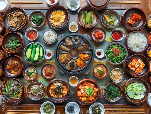 Korean royal cuisine set with sinseollo  colorful jeon  and garnished jangjorim on a lacquered table