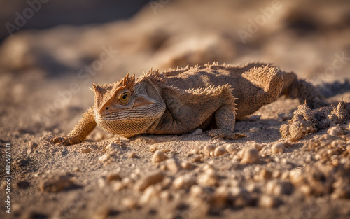 Captivating scene of a horned lizard blending into the arid desert landscape, a master of camouflage photo