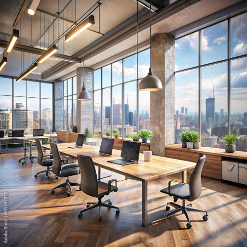 A contemporary coworking space featuring polished wooden floors  minimalist concrete walls  and floor-to-ceiling panoramic windows providing an expansive view of the bustling city below.