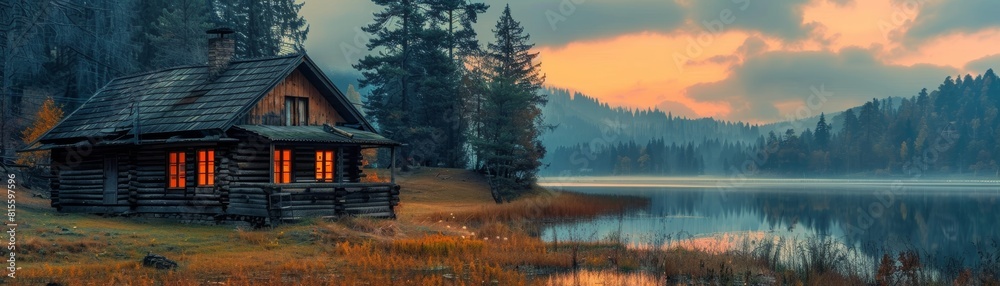 A cozy lakeside cabin nestled in the woods, with a warm glow from the windows.