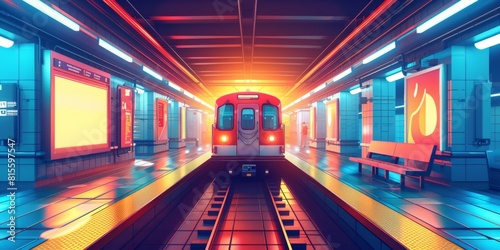 Train on subway station. Underground city metro railway . Public rail transport cartoon background. Tunnel interior with passenger machine express arrival track. Screen and bench inside illustration