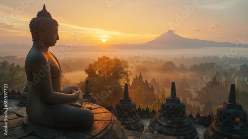 The image is a silhouette of a Buddha statue sitting on a temple in Bali  Indonesia