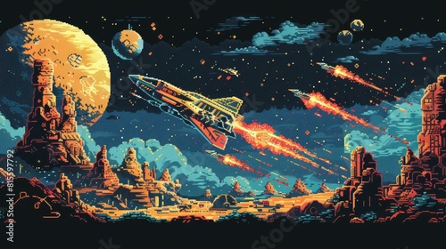 The image is a pixel art of a spaceship