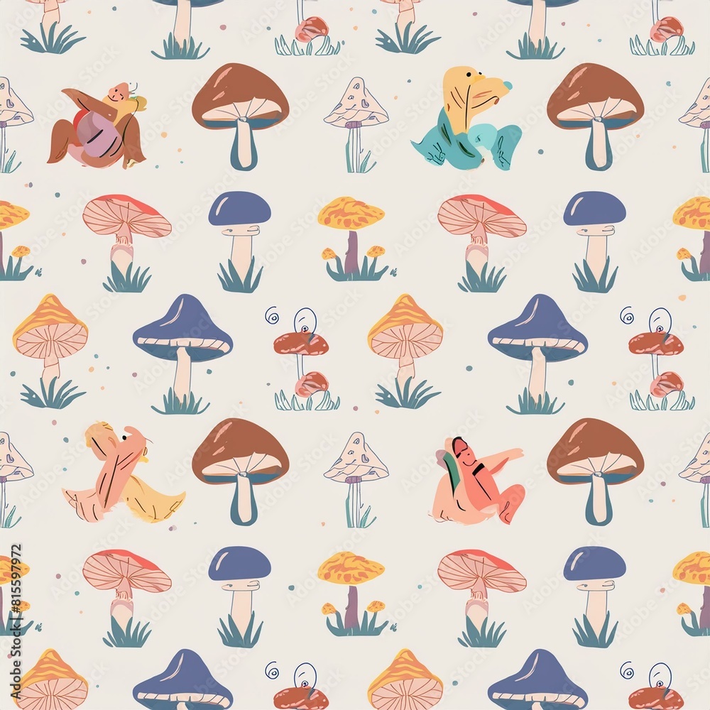 a seamless pattern featuring various species of mushrooms and fungi, paired with wood