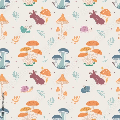 a seamless pattern featuring various species of mushrooms and fungi, paired with wood