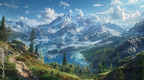 Mountains, lake, forest and sky. View of nature.