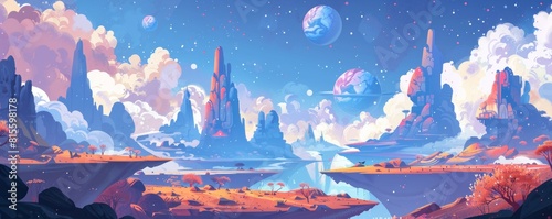 An alien landscape of towering spires and floating platforms  where strange creatures and alien flora thrive in the harsh environment.   illustration.