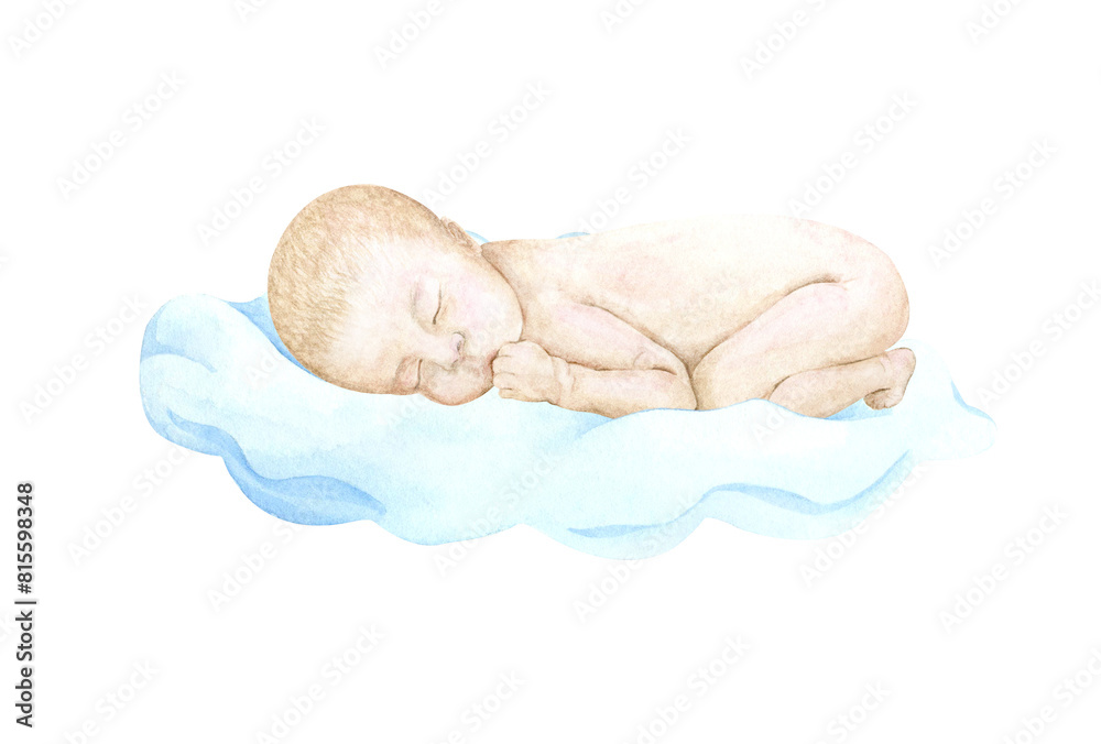 Fototapeta premium Cute little baby sleeping on a blue cloud; watercolor hand drawn illustration; can be used for baby shower, birthday; with white isolated background flowers, stars, balls.