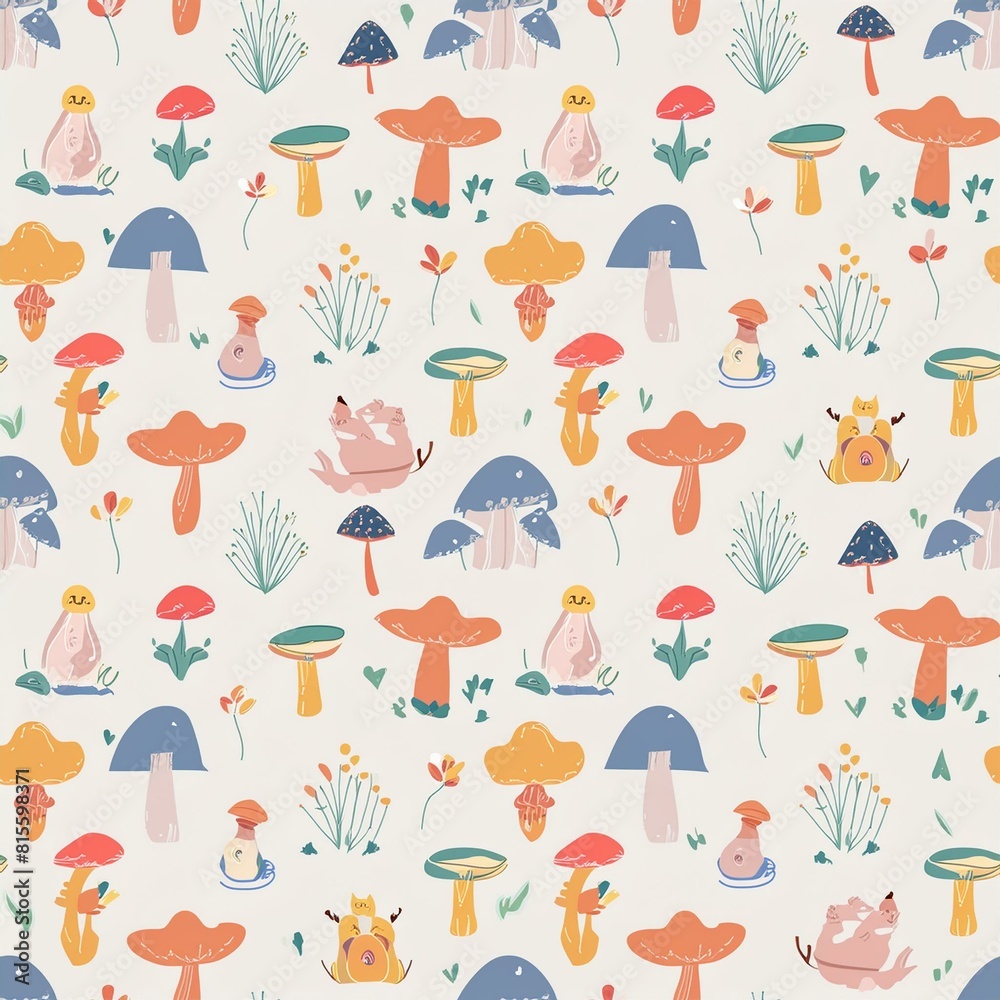 a seamless pattern featuring various species of mushrooms and fungi, paired with wood