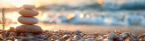 A photo of a stack of smooth, round stones balanced on top of each other on a beach with the ocean in the background photo
