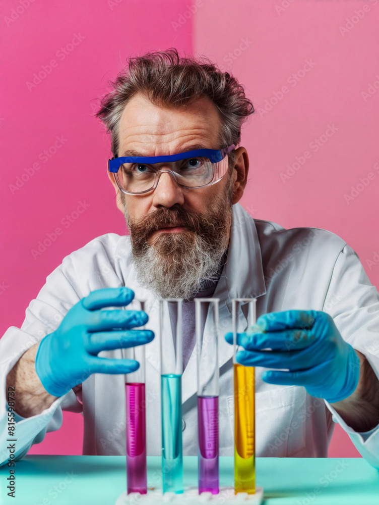Man scientist with beard in laboratory holding test tubes and beakers. Chemical research. Scientist conducts an experiment in the colorful laboratory. Image in vivid colors. Man scientist with beard in laboratory holding test tubes and beakers. Chemical research. Scientist conducts an experiment in the colorful laboratory. Image in vivid colors.