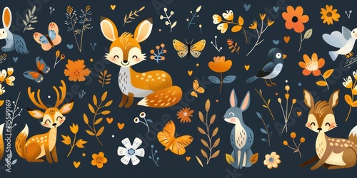 Seamless pattern with cute woodland animals and flowers. Cute fox, deer, rabbit, fawn, birds and butterfly on dark blue background. illustration
