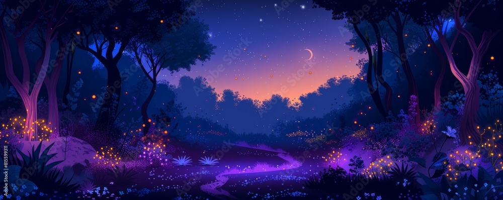 Obraz premium An enchanted forest where bioluminescent plants emit an otherworldly glow, illuminating the paths of weary travelers. illustration.
