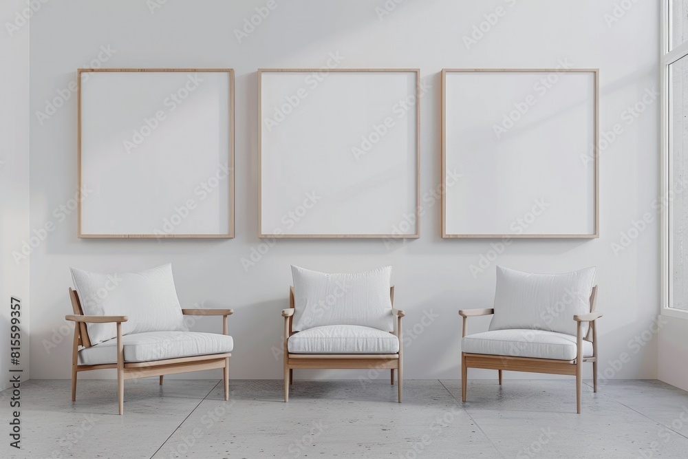 Three Pictures Interior Display. Empty Frames on Gallery Wall Mock-up Poster Design Three Pictures Interior Display. Empty Frames on Gallery Wall Mock-up Poster Design