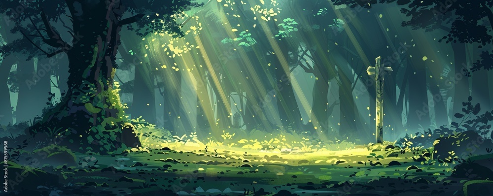 An enchanted glade hidden within a dense forest, where shafts of sunlight filter through the canopy to illuminate the moss-covered ground below.   illustration.