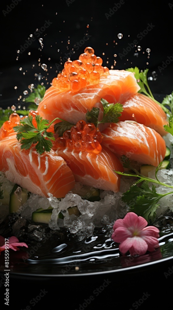 A mouth-watering display of salmon sushi topped with vibrant roe, set against a black background with dynamic water droplets. A mouth-watering display of salmon sushi topped with vibrant roe, set against a black background with dynamic water droplets.