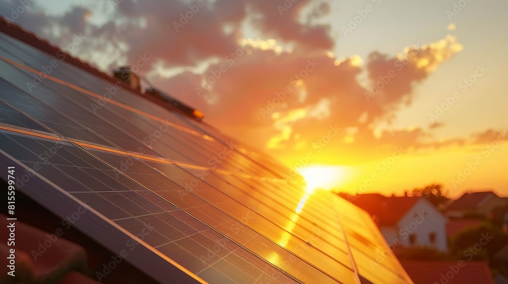 Sunset over the roof of house with photovoltaic panels Sunset over the roof of house with photovoltaic panels