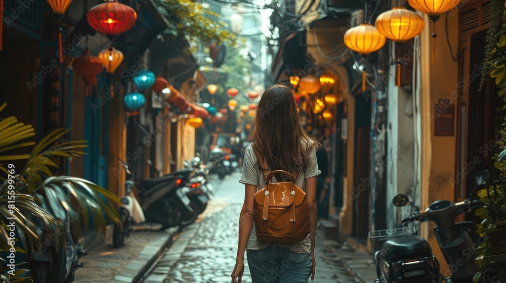 The image shows a girl with backpack walking down a narrow street with colorful lanterns hanging overhead.