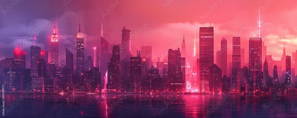A dystopian metropolis shrouded in darkness, with towering skyscrapers and dilapidated slums stretching as far as the eye can see beneath the glow of neon lights.   illustration.
