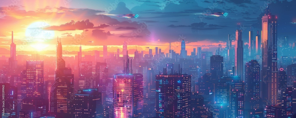 A retro-futuristic utopia where sleek hovercars zip through the sky and gleaming skyscrapers reach towards the heavens. illustration. A retro-futuristic utopia where sleek hovercars zip through the sky and gleaming skyscrapers reach towards the heavens. illustration.