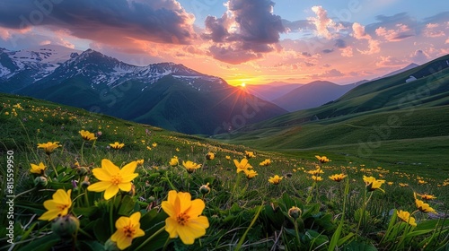 Mountains And Flowers. Vibrant Spring Landscape with Yellow Flowers in Svaneti Region of Georgia photo