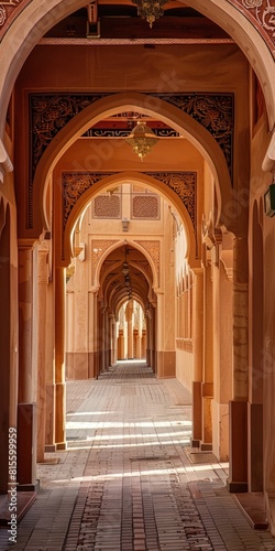 Building Arch in Saudi Arabia, Jazan Province. Ornate Structure Over Empty Alley photo
