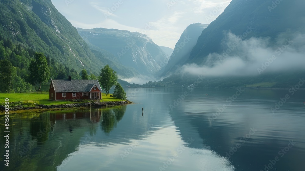 Obraz premium The mountains are reflected in the calm water of the fjord. There is a small cabin on the shore of the fjord. The sky is cloudy.