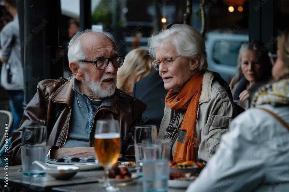 Elderly couple sitting at a table in a restaurant and drinking beer