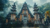 The majestic temple is shrouded in mist, creating a mystical and serene atmosphere.