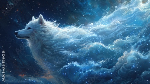 The majestic white wolf stands tall, its eyes glowing with an ethereal light
