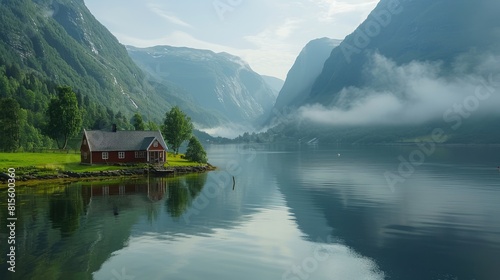 The mountains are reflected in the calm water of the fjord. There is a small cabin on the shore of the fjord. The sky is cloudy.