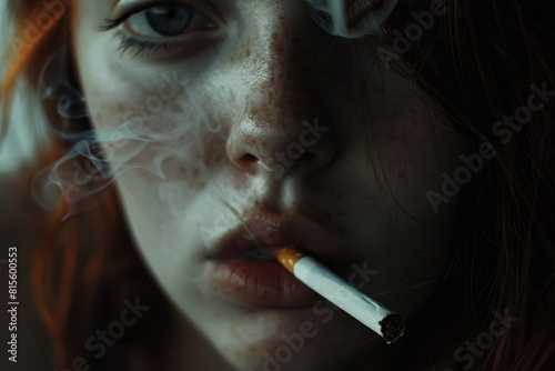 Sad Gaze of a Smoking Woman Looking at the Camera Generative AI photo