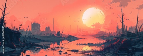 A post-apocalyptic wasteland where ruins of civilization are swallowed by toxic swamps, with mutated creatures lurking in the murky depths.   illustration.