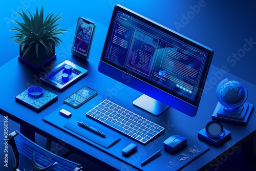Modern computer with keyboard and mouse on table. ai generated