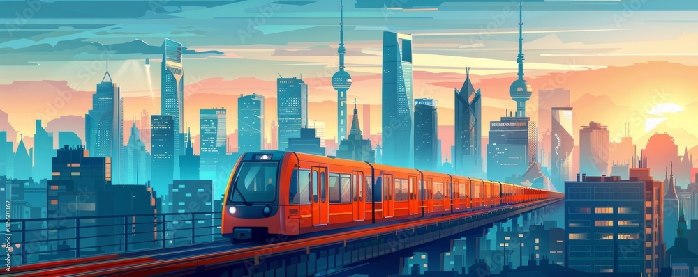 Obraz premium A retro-futuristic metropolis where vintage trains and monorails traverse the cityscape, their tracks weaving between towering skyscrapers and historic landmarks. illustration.