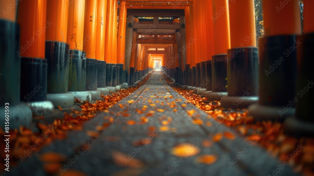 The photo shows a long, narrow path lined with red torii gates Stock ...