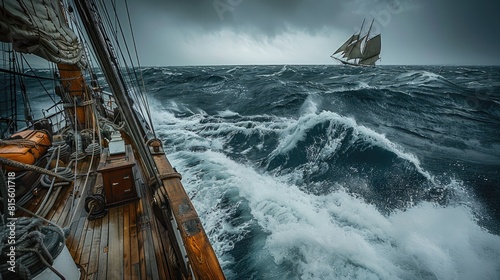 The photo shows a sailing ship on a rough sea. The ship is being tossed by the waves, and the wind is whipping through the sails. The ship is in danger of being capsized.