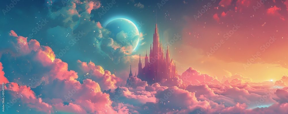A celestial citadel floating high above the clouds, its towering spires reaching towards the heavens in silent reverence.   illustration.