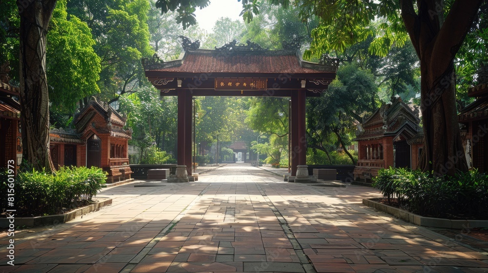 Obraz premium The photo shows the entrance to a traditional chinese courtyard with red walls and grey roof tiles.