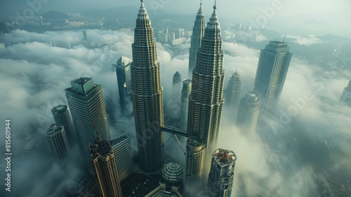 The photo shows the Petronas Twin Towers in Kuala Lumpur, Malaysia. The towers are surrounded by clouds andWu Mai . photo