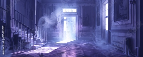 A paranormal scene set in an abandoned mansion  where ghostly apparitions roam the halls and eerie whispers echo through the empty rooms.   illustration.