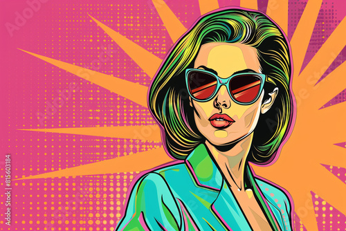 Pop art style woman in sunglasses and a teal blazer against a pink background