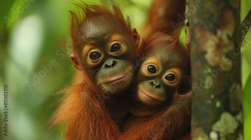 Two orangutan babies hug each other in the jungle, looking at the camera with curious eyes.