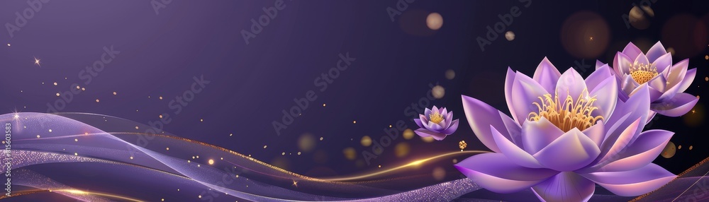 Purple background design with golden lotus flowers. 